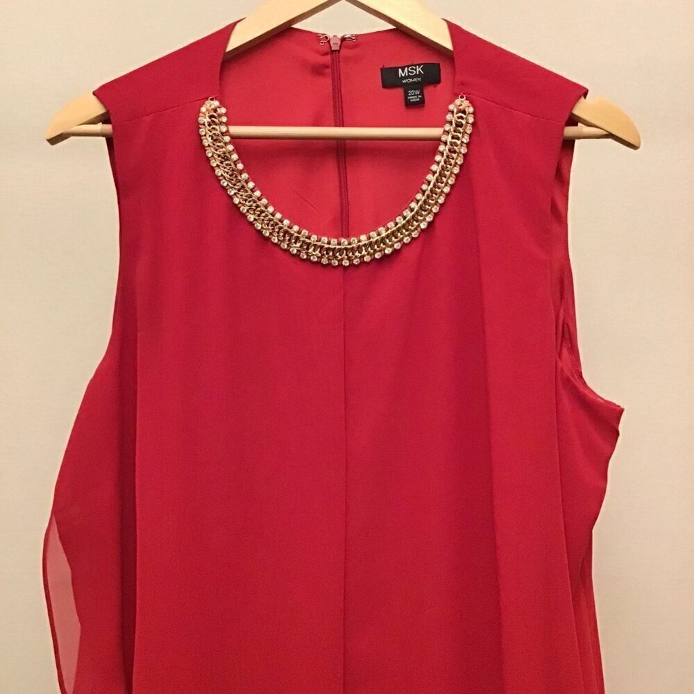 MSK 20W Dress Flowy Chiffon Sleeveless Midi Red Rhinestones Flattering Lined - Picture 7 of 16